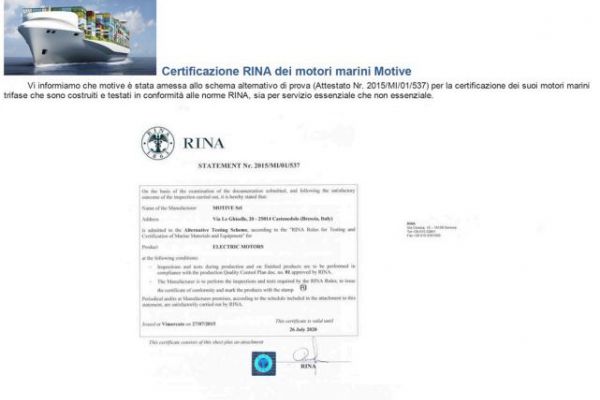 Certificazione RINA dei motori marini Motive