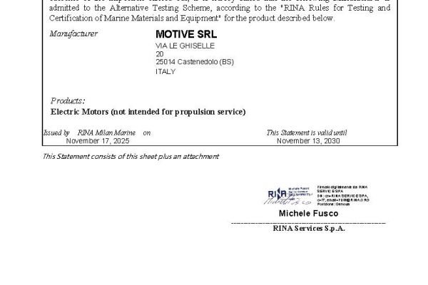 Motive ha obtenido la renovación de la Declaración de Admisión RINA al Alternative Testing Scheme para motores IE2, IE3 e IE4.